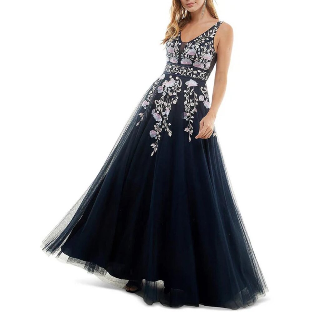TLC Say Yes To The Prom Navy Blue Floral Embroidered Maxi Formal Dress Gown